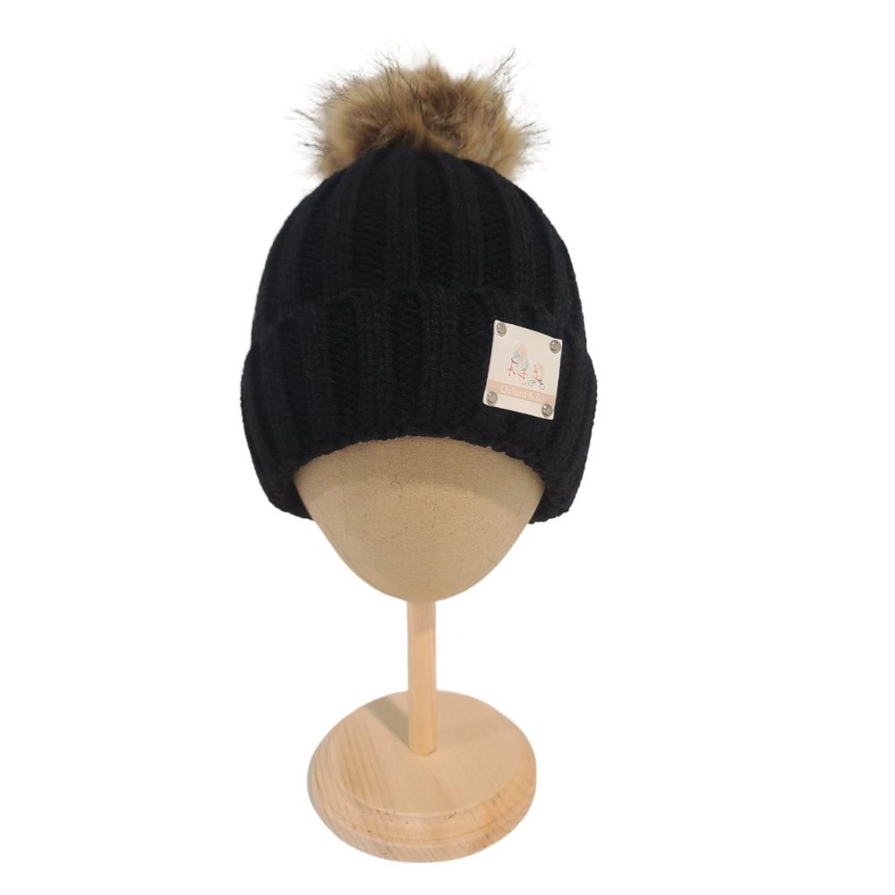 Hunter Knit Beanie With Faux Fur Pom Pom, Black